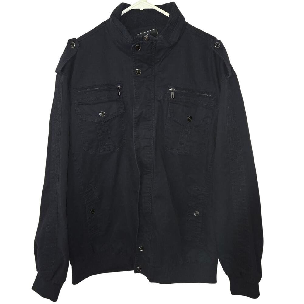 Outdoor Jacket Mens Military DBlue Waist Buttons Pockets Zipper Snaps Collar 2XL